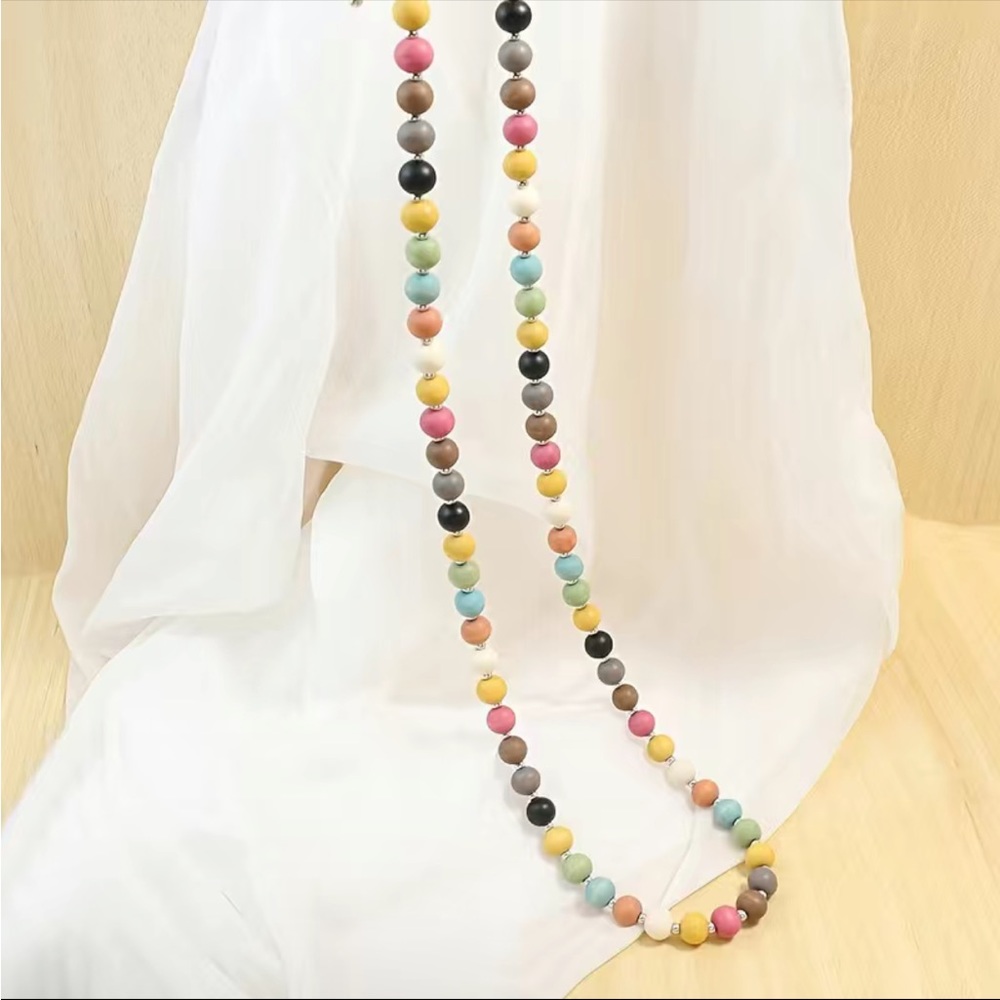 Bohemian Style Colorful Wooden Beads Necklace Macaron‎ Color 16in Sweater Chain